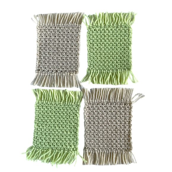 Mug Rugs Coasters Handmade Crochet Green Beige Fringe Vinyl Back Set of 4 - Picture 3 of 10